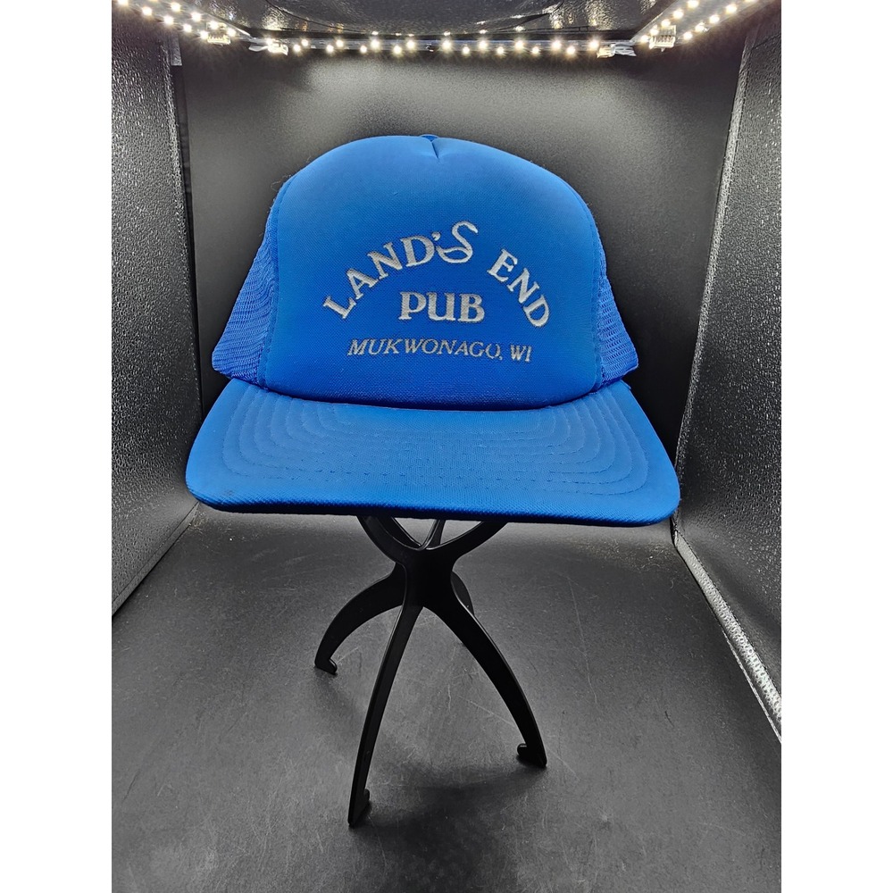 Vintage Lands End Pub Mukwonago WI Trucker Hat Blue Mesh Snapback Cap